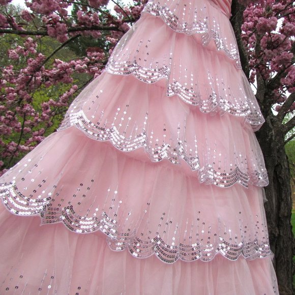 PINK BALL GOWN, Size 3-4, RUFFLED SKIRT SILVER SEQUINS, PROM, SPECIAL OCCASION - Picture 2 of 13